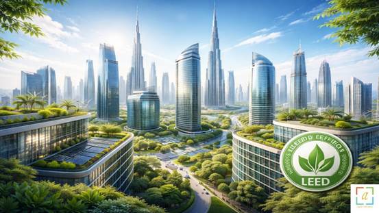 Green Dubai Skyline with LEED Buildings