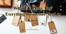 Flat lay of printed hang tags with strings on clothing and product packaging, in different shapes and styles.