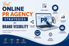 Best online PR agency strategies infographic showing a laptop, megaphone, and digital marketing channels for improving brand visibility and online presence.