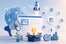 Illustration of a digital press release and marketing campaign launch featuring a megaphone, global network connections, a website interface, a rocket launch, media distribution icons, a glowing idea bulb, analytics charts, and a target symbol, representing online PR, media outreach, brand visibility, and business growth.