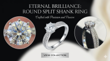 Collage of a diamond engagement ring shown from three angles. The main image displays a yellow-gold ring with a large round center diamond surrounded by smaller diamonds in a halo setting and additional diamonds along the band. Two smaller side images show the ring in profile and from the top, highlighting the elevated setting and slender gold band.