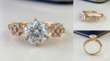 Collage of a diamond engagement ring shown from three angles. The main image displays a yellow-gold ring with a large round center diamond surrounded by smaller diamonds in a halo setting and additional diamonds along the band. Two smaller side images show the ring in profile and from the top, highlighting the elevated setting and slender gold band.