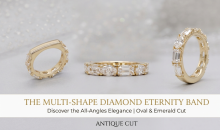 Three gold eternity rings with diamond accents displayed on a light background, promoting the Allure Simple Diamond Eternity Band jewelry collection.