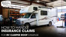 An RV Camper parked at a Workshop for Roof Damage Jobs