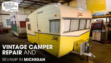 A Vintage Shasta Camper parked inside a Workshop for Restoration Works