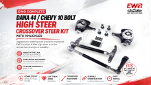 Dana 44 vs 10 Bolt crossover steering kit with flat top knuckles, 1.25 inch billet high steer arms, DOM tubing, tie rod ends, and drag link hardware.