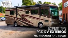 A Class A Motorhome Parked Outside of an RV Repair Shop for Maintenance Works