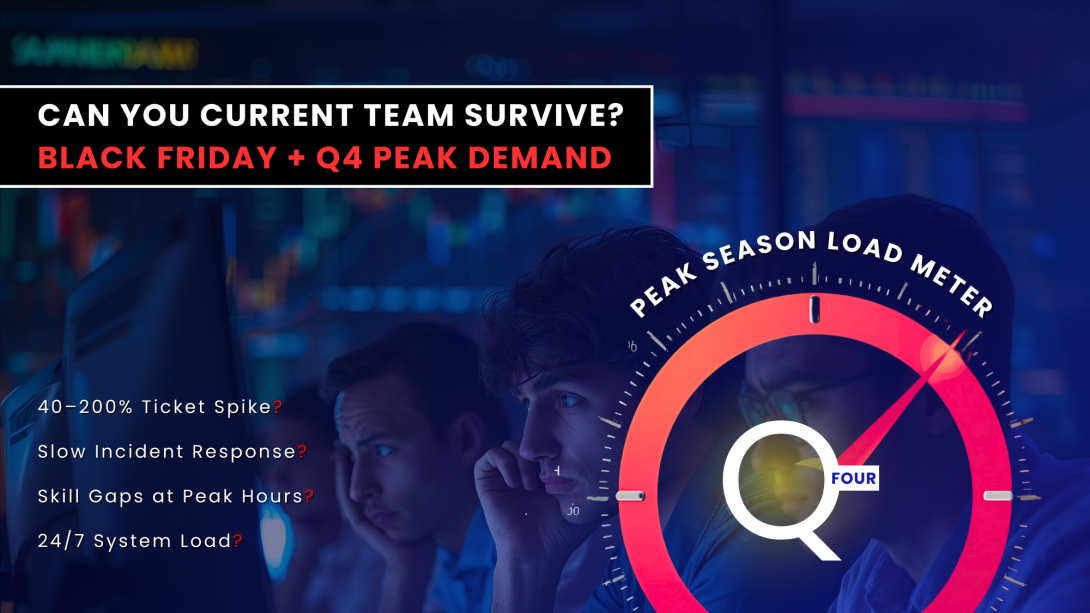 Stressed IT team monitoring systems during Black Friday and Q4 peak demand, with a large ‘peak season load meter’ showing maximum load and text calling out risks like ticket spikes, slow incident response, skill gaps, and 24/7 system pressure