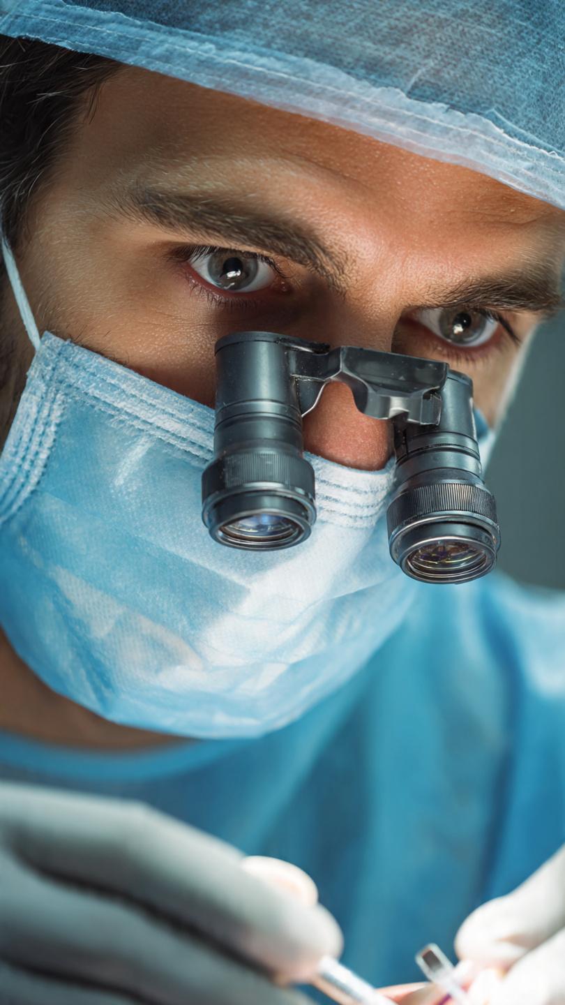 Indian male dentist in blue surgical cap, mask, and surgical loupes performing detailed dental procedure with gloved hands, advanced precision dentistry at Gurgaon clinic.