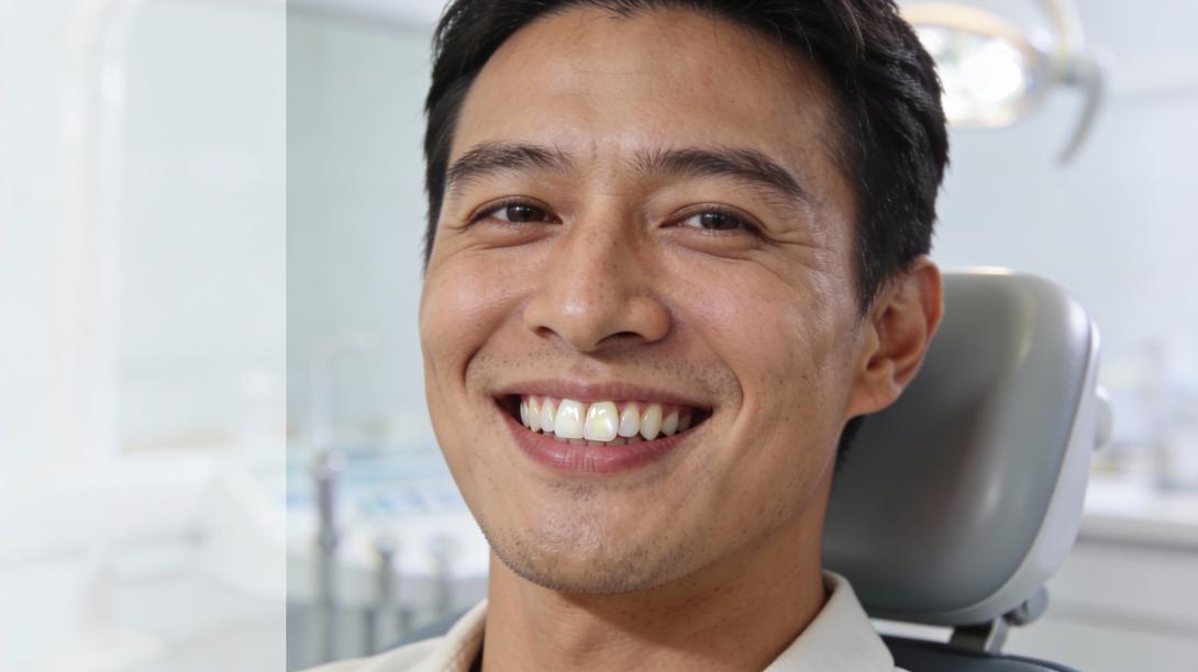 Smiling Indian male dentist with perfect white teeth, wearing white coat, close-up portrait in modern clinic for Gurgaon dental services.