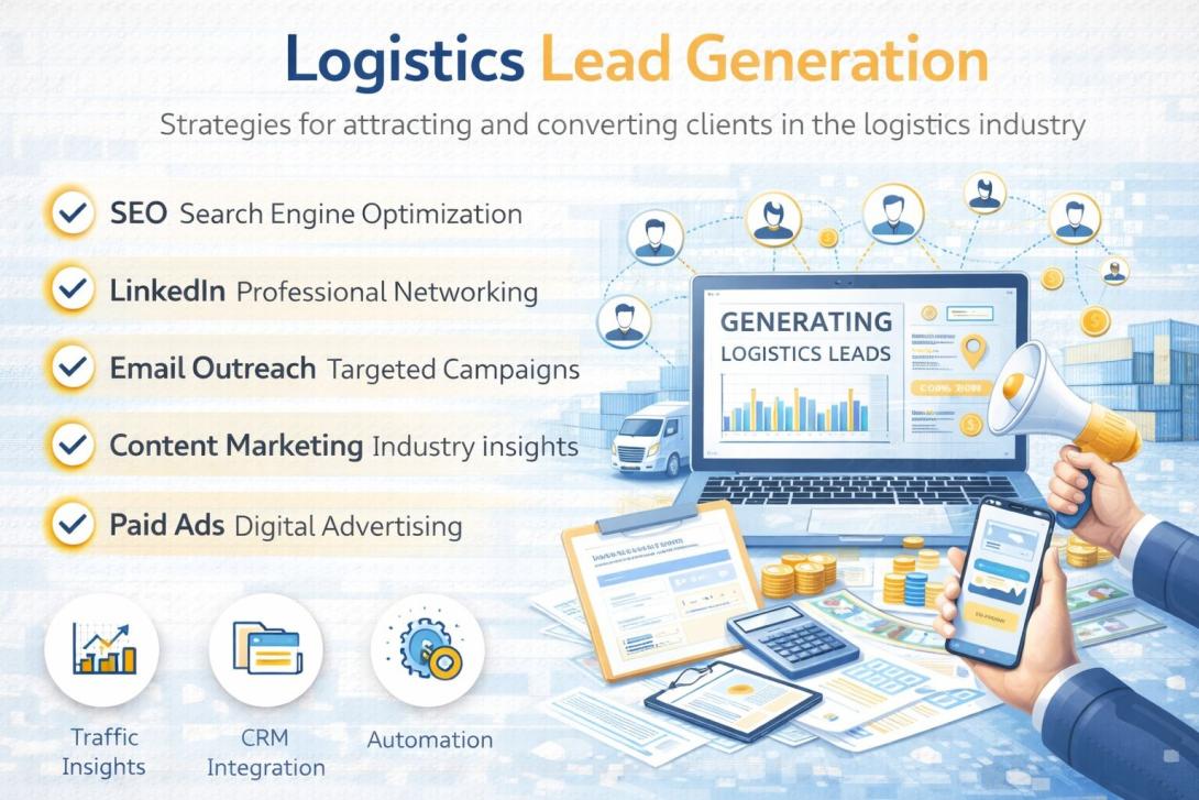 Infographic illustrating logistics lead generation strategies with digital marketing tools, laptop dashboard, megaphone, CRM integration icons, and supply chain elements in the background.