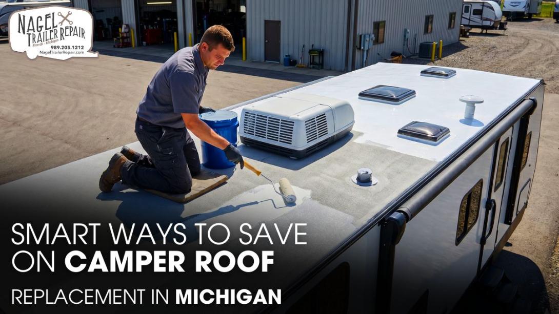 A Male Technician Doing A Camper Roofing Job Outside of a Workshop