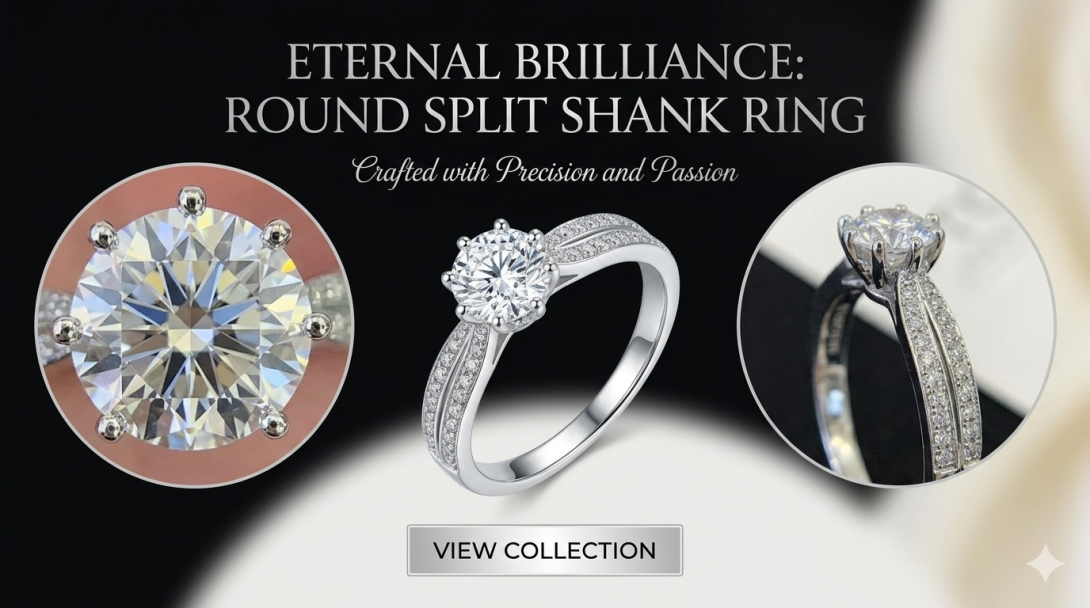 Collage of a diamond engagement ring shown from three angles. The main image displays a yellow-gold ring with a large round center diamond surrounded by smaller diamonds in a halo setting and additional diamonds along the band. Two smaller side images show the ring in profile and from the top, highlighting the elevated setting and slender gold band.