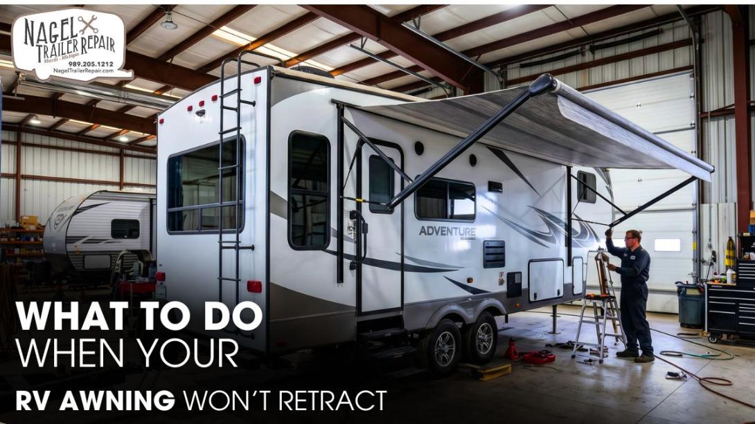 A 5th Wheel RV inside a Workshop for Awning Repair Works