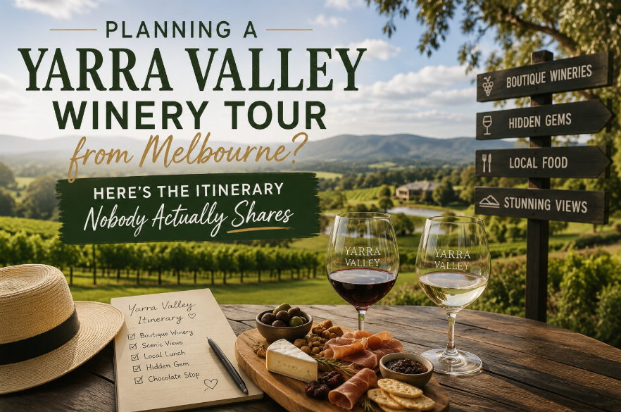 Yarra Valley Winery Tours in Melbourne showcasing boutique vineyards, premium wine tastings, scenic countryside views, gourmet food experiences, and hidden winery gems.