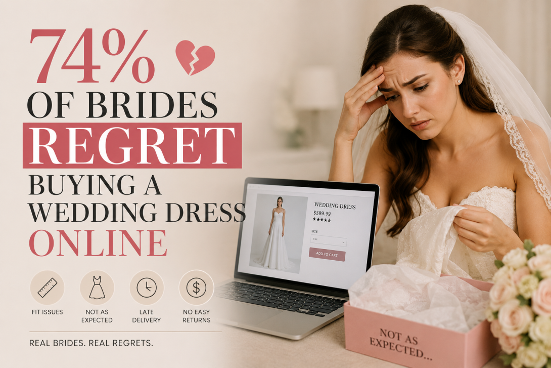 Illustration of a bride shopping online with the headline "Why 74% of Brides Regret Buying a Wedding Dress Online".