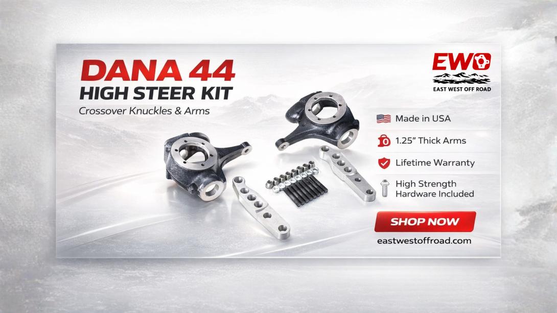 1.25 inch billet high steer arms with USA-made Dana 44 flat top knuckles, studs, conical washers, and lock nuts for Chevy GM builds.
