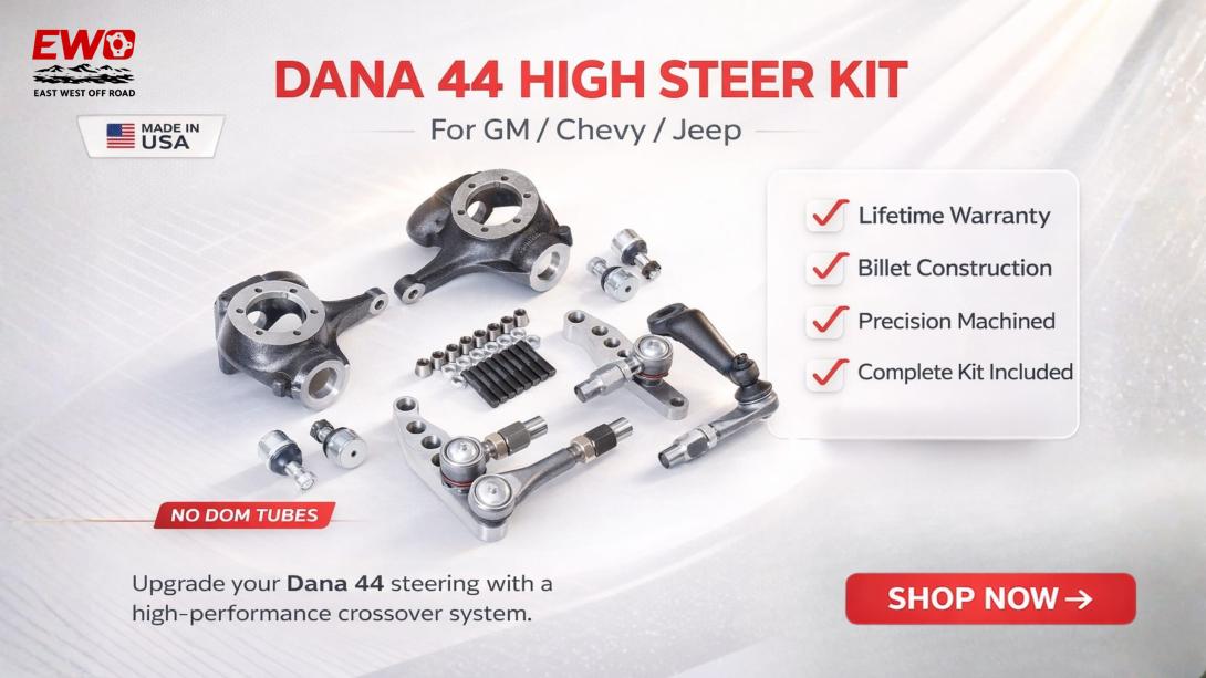 GM/Chevy/Jeep Dana 44 1-ton crossover high steer kit with flat top knuckles, billet arms, and no DOM tubes included.