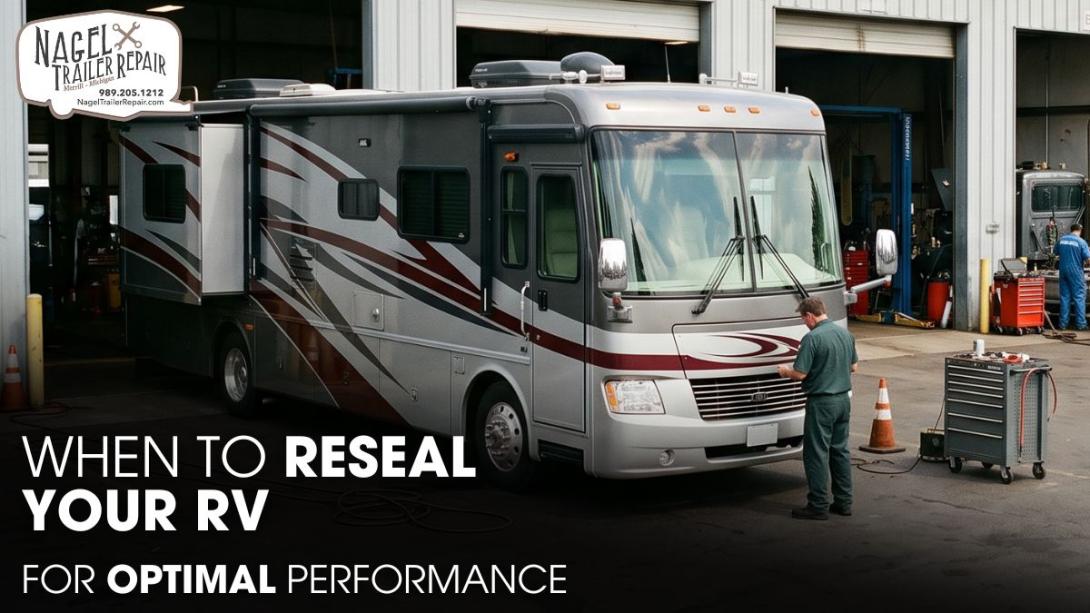 A Class A Motorhome Parked Outside of an RV Repair Shop for Resealing Works