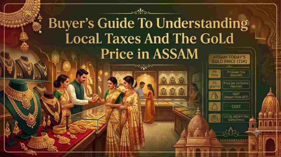 Gold jewelry displayed with tax breakdown documents in Assam