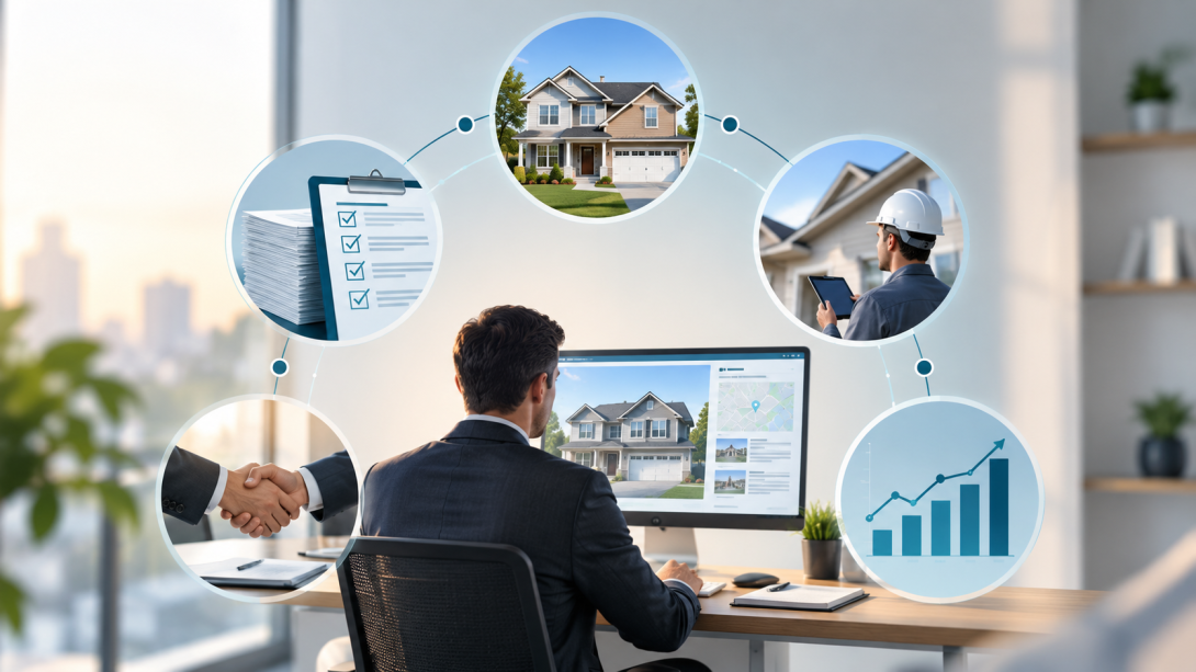 Appraisal management professional reviewing residential property data on a computer, surrounded by visuals representing property valuation, inspections, documentation, client coordination, and market analysis.